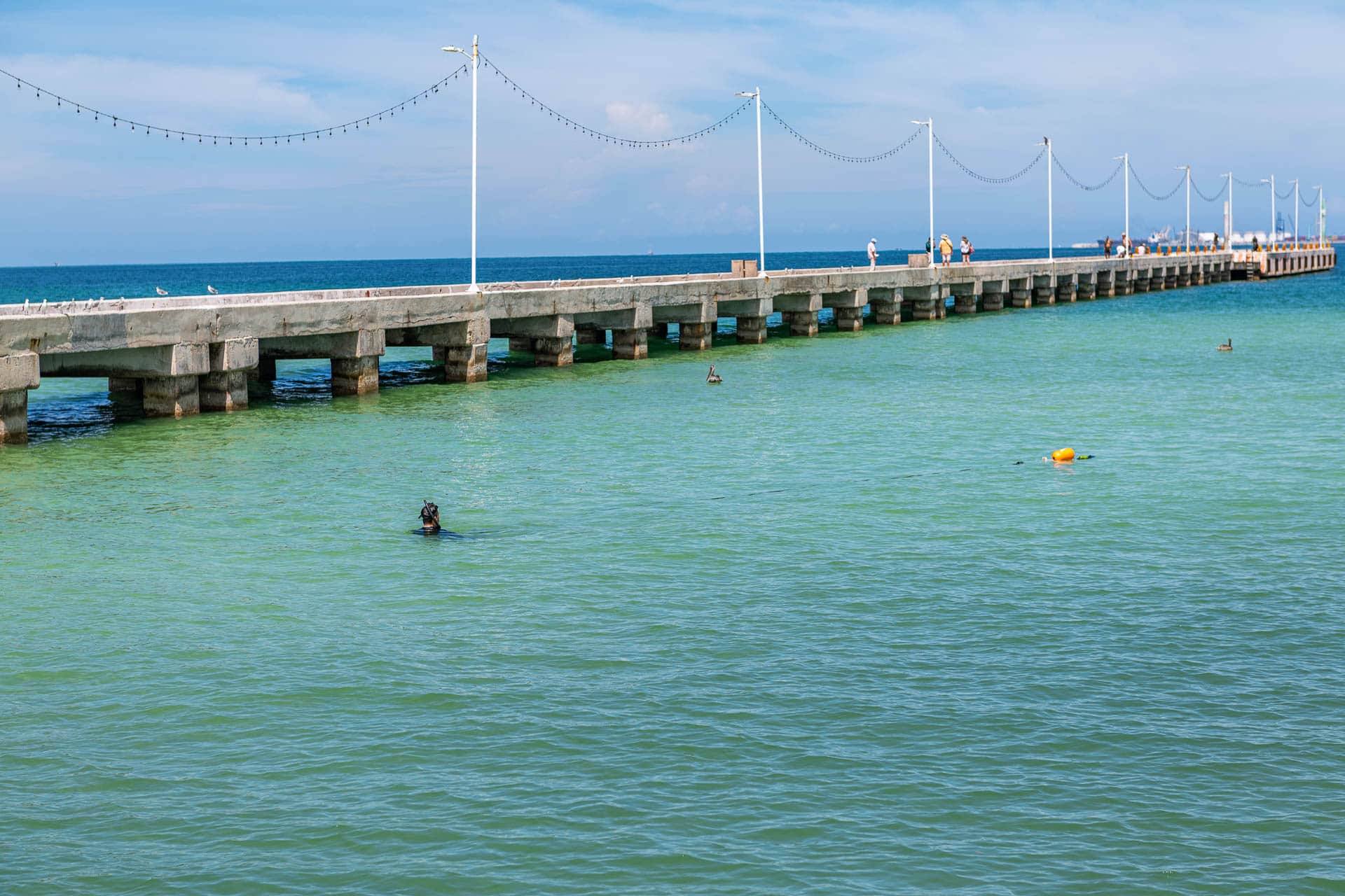 An dem Pier für Füßgänger gibt es Angler, Pelikane und Seevögel zu entdecken